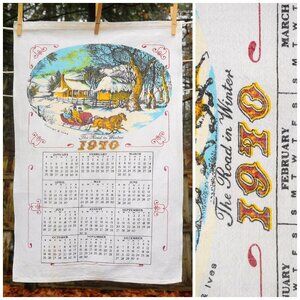 VTG 1970 Currier & Ives Calendar Towel 'Road in Winter' Family Farmhouse